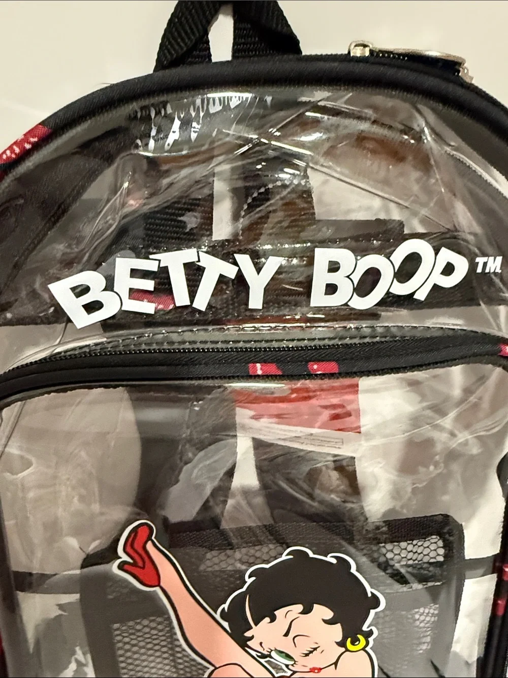 Betty Boop Large Clear Backpack with Black Trim and Red Graphic
